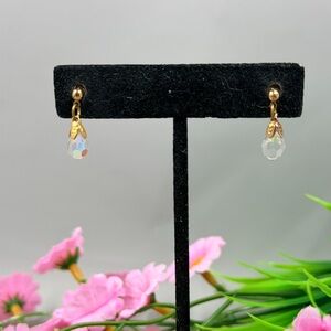 Vintage Genuine Crystal Teardrop Aurora Borealis Finish Gold Drop Earrings